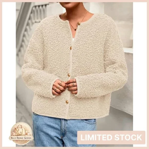 Cropped Faux Fur Jacket Sherpa Fleece Button Down Chic Winter Cozy